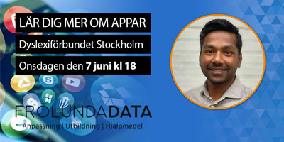 Bild på appar och Simon Sjöholm med text Lär dig mer om appar, Dyslexiförbundet Stockholm, onsdagen den 7 juni kl 18