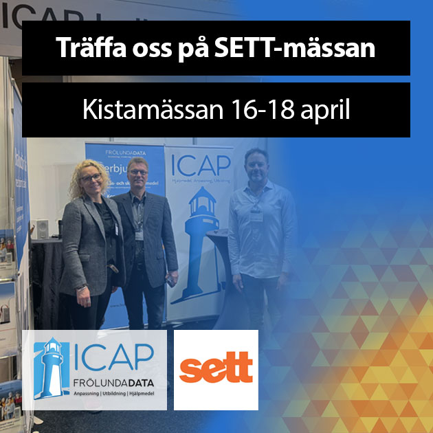 Bild på monter i bakgrunden med texten Träffa oss på SETT-mässan, Kistamässan 16-18 april i förgrunden.